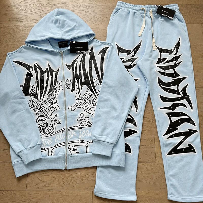 Oversized Hooded Zip-Up Sweatshirt With Letter Print Rhinestone Embellishment Cotton Blend Unisex Streetwear Set