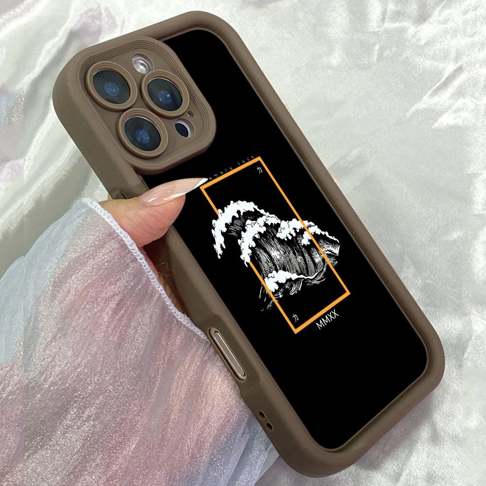 JT66 Черный Эстетичный Японские Волны Чехол для Телефона iPhone 17 Pro Max Samsung S26 S25 A17 A16 A07 A56 Xiaomi 15T Redmi Note 14 Pro Plus Мягкий ТПУ Чехол-Обложка