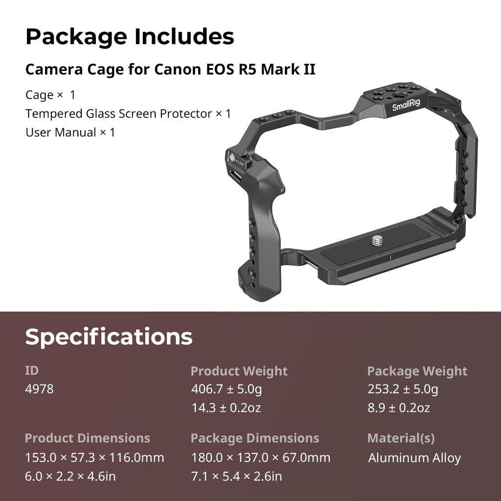 SmallRig Camera Cage for Canon R5 Mark Aluminum Alloy Camera Video Cage with Cold Shoe and and Quick Release Plate II, Mount, 1/4"-20 3/8"-16 Threads,