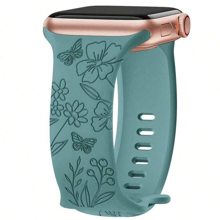 Bracelet pour Apple Watch Series Ultra 1/2/3, 11 10 9 8 SE 7 6 5 4 3 2 1 42mm-44mm-45mm-46mm-49mm Silicone Motif Papillon Fleur Vert