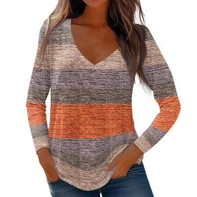 Женские топы с длинным рукавом, рубашки с V-образным вырезом, повседневные полосатые принты, базовые модные футболки, блузки, осенние туники, облегающие футболки