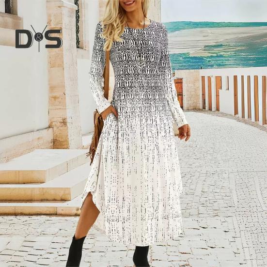 Осенне-весеннее женское платье с круглым вырезом и карманами, длинными рукавами, трапециевидным принтом, свободное платье макси с нерегулярным подолом для свиданий