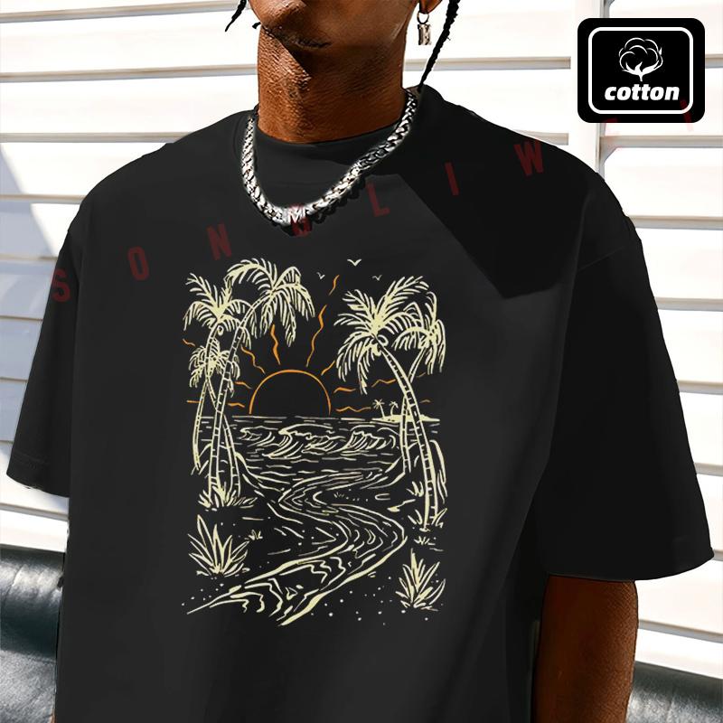 Coastal Vacation Island Element Printed Motorcycle T-Shirt Men's Black Cotton Summer Casual O-n