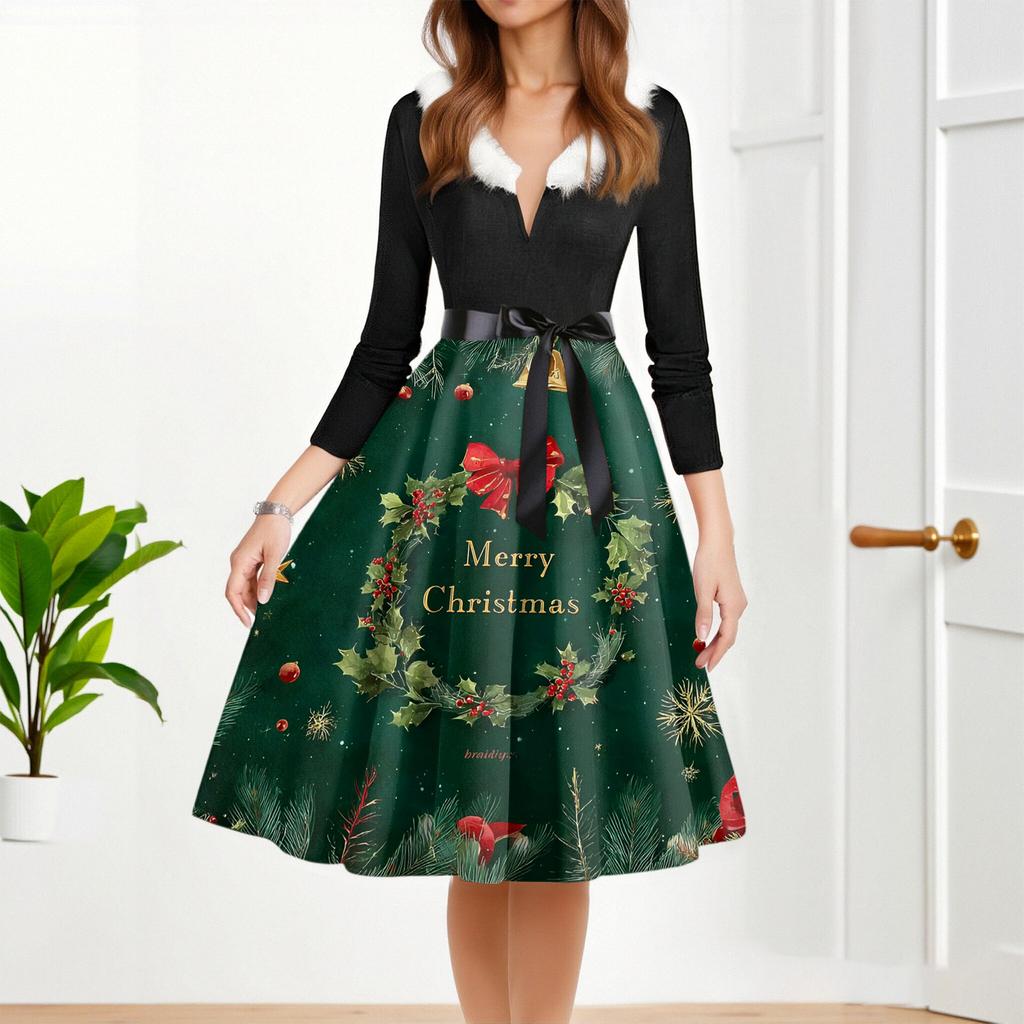 Женское модное повседневное платье приталенного кроя с круглым вырезом, рождественским принтом и длинными рукавами