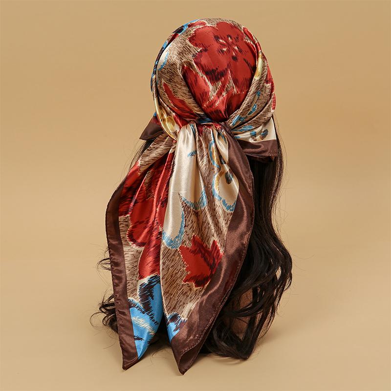 Satin Square Scarf Women Muslim Hijab Elegant Print Silk Neckerchief Shawl Wraps Headband Handle Hair Accessories Bandana