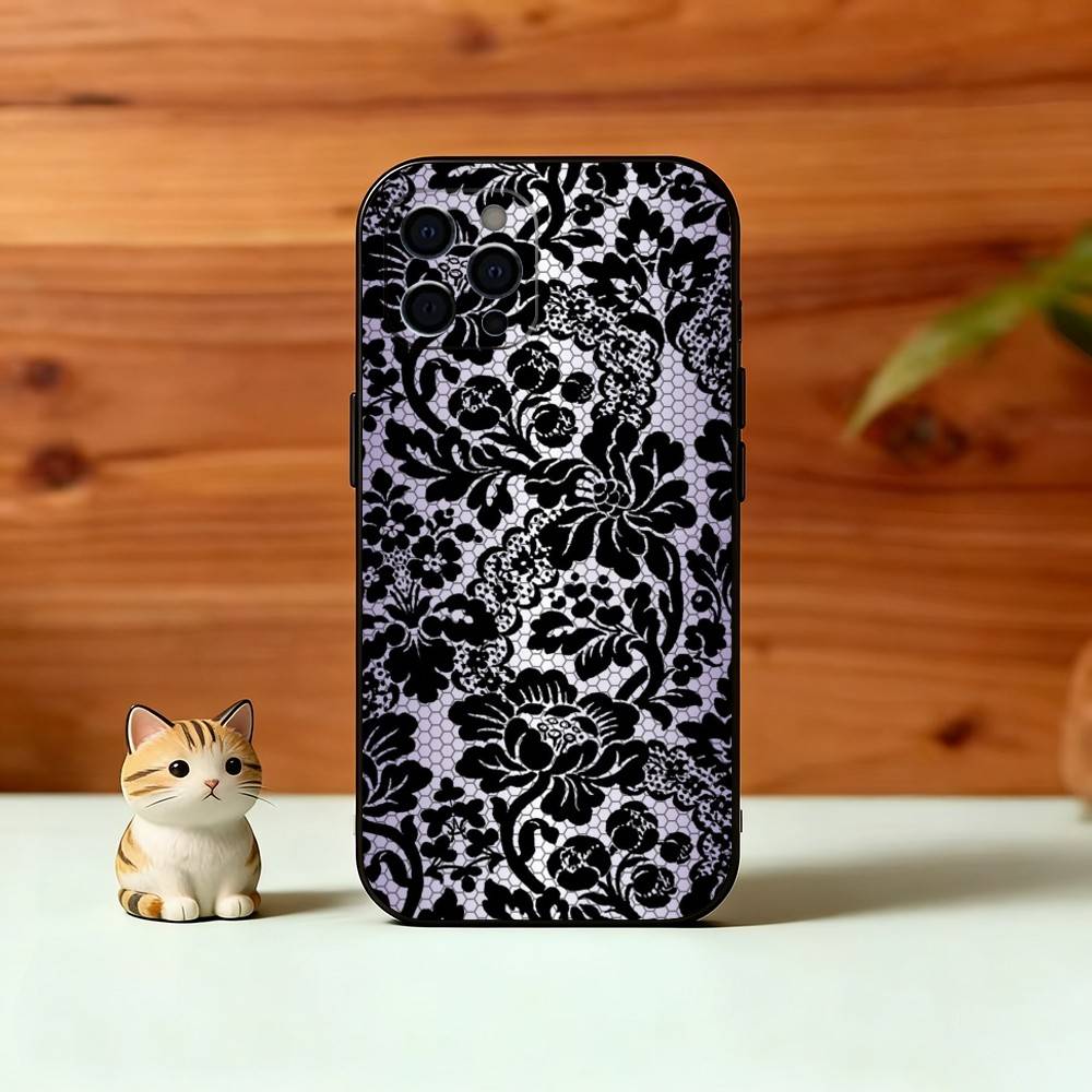 Черный чехол с кружевным принтом для iPhone 17,16,15,14,13,12,11 Plus,Pro Max,XS,Мягкий силиконовый черный чехол