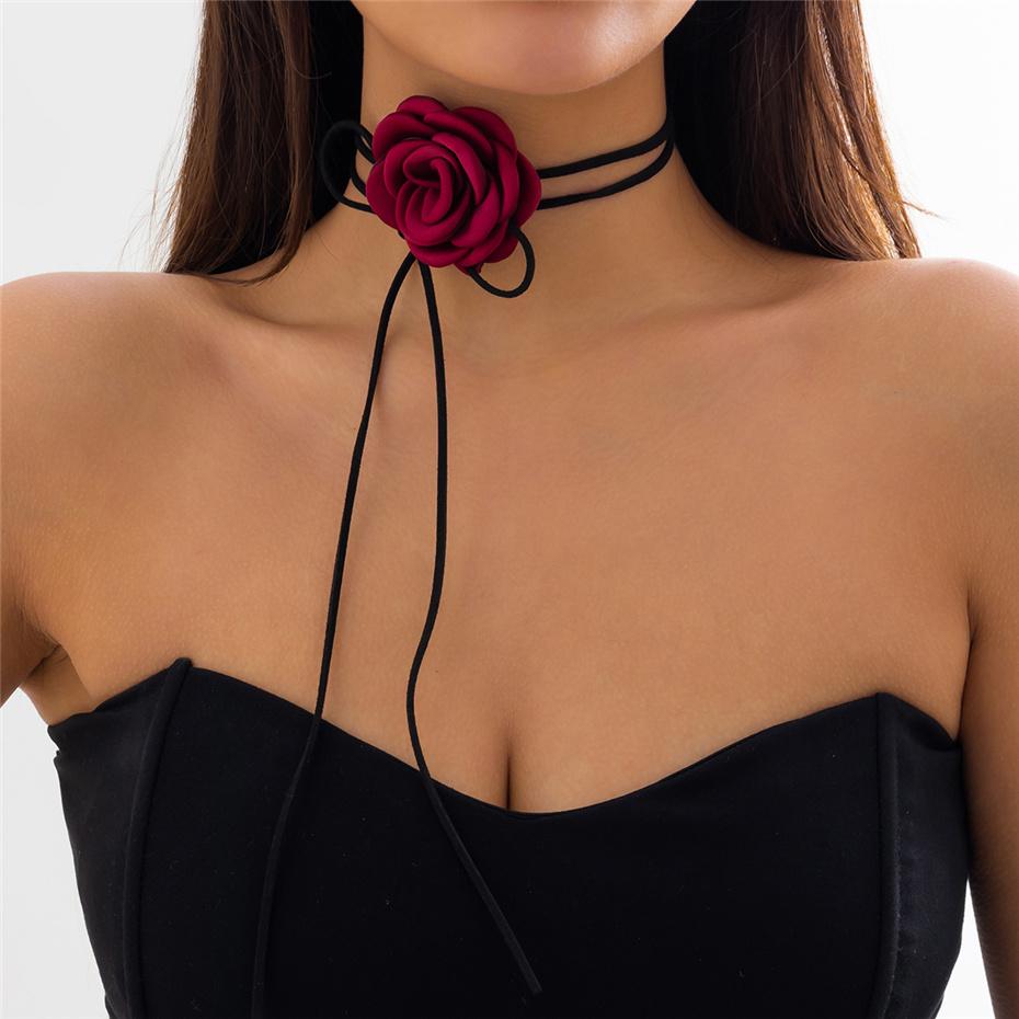 Gothic Elegant Big Rose Flower Clavicle Chain Necklace Women Wed Bridal Sexy Adjustable Choker Mariage Zircon Y2K Accessories
