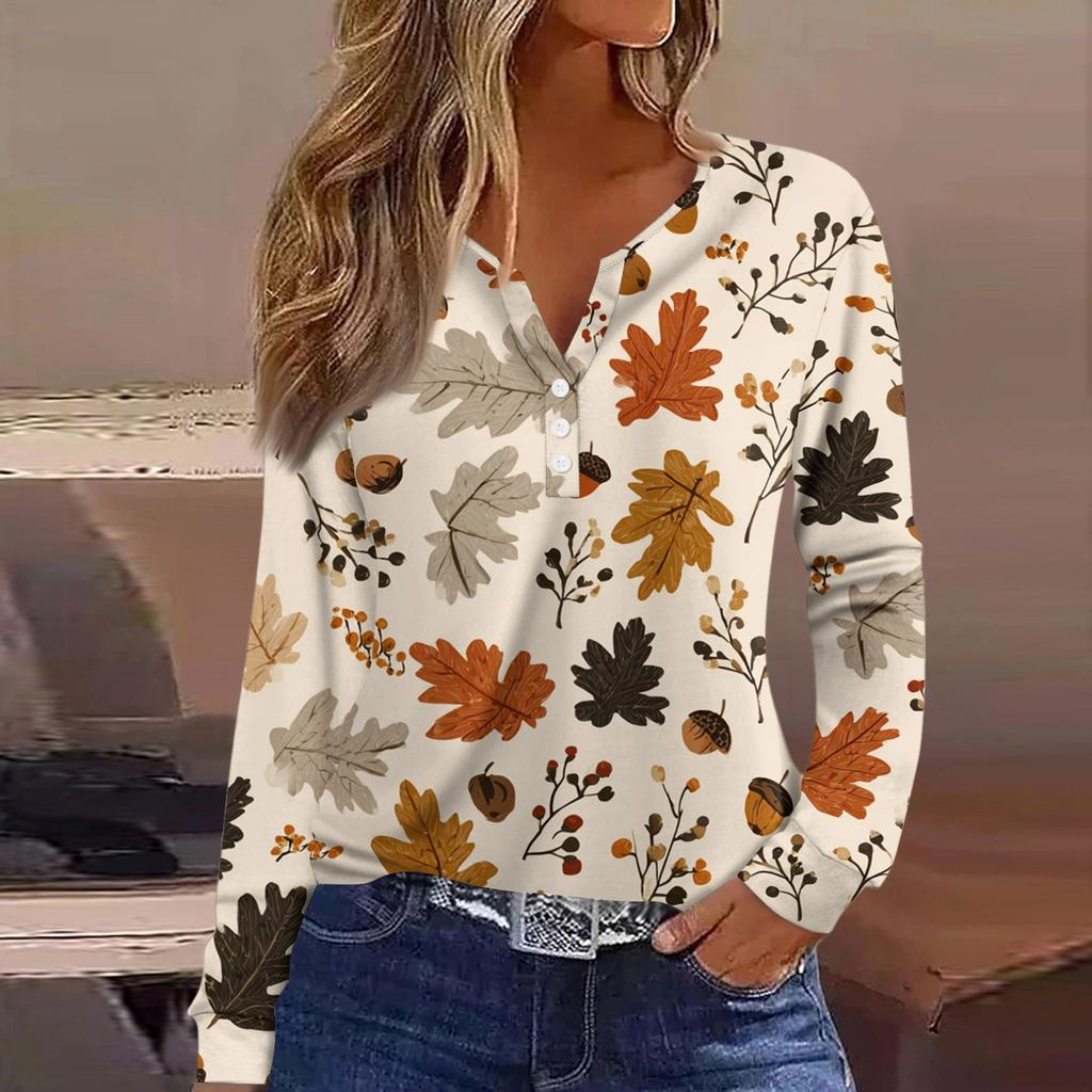 Жен. Футболка Футболка на пуговицах с длинным рукавом Повседневные Выходные Мода Классический Топ с v-образным вырезом Обычный