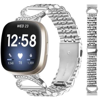 Ремешок для часов Fitbit Versa 3/Sense, семизвенный, из нержавеющей стали, с стразами, коннектор в стиле бычьего рога