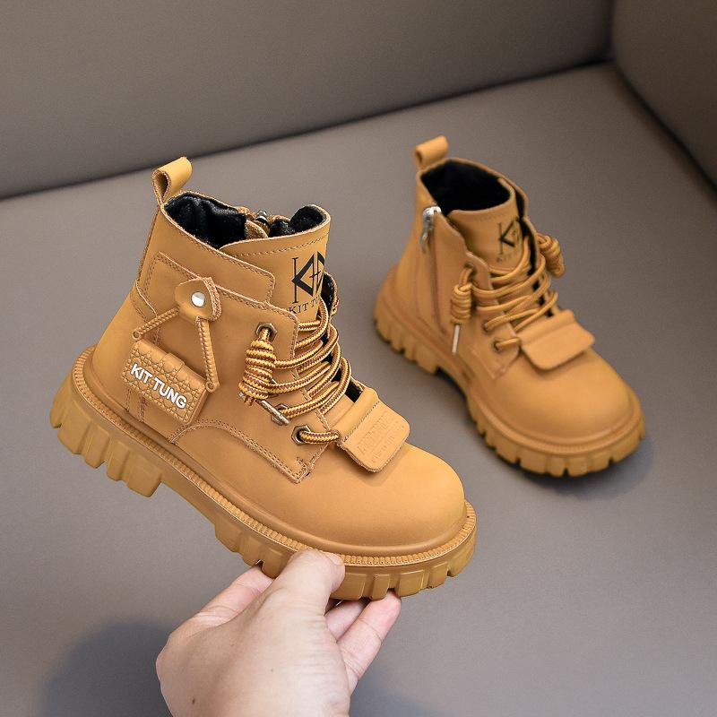 Осенне-зимние новые детские желтые ботинки, повседневные, с мягкой подошвой, нескользящие, бархатные, короткие ботинки для маленьких мальчиков