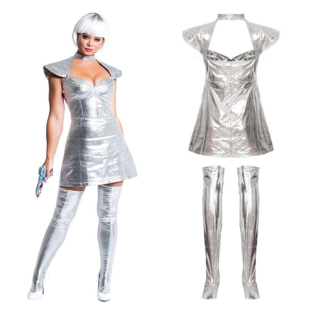 Bodysuit Space Silver Costume Halloween Cosplay Party Show Set Dress