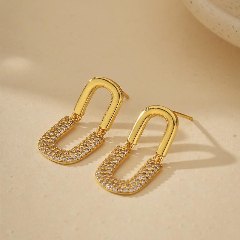 U-Shaped Stud Earrings With Full Crystal Pave Oval Design Sterling Gold Plated Minimalist Chic Women