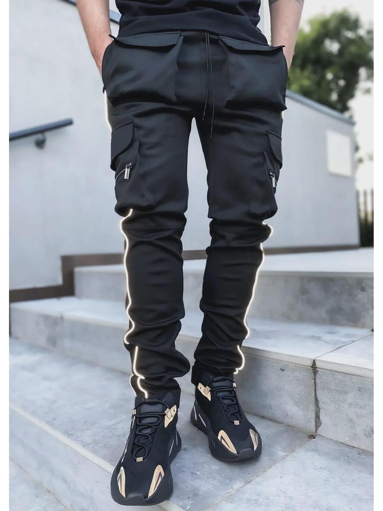 Мужские светоотражающие эластичные облегающие брюки-карго: Модная спортивная и повседневная одежда на весну и осень