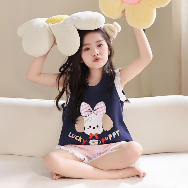 Cotton Girls Pajama Set Sleeveless Sleepwear Kids 8 Years Sweet Dachshund Print Home Outfit