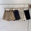 Women's Summer 2024 High-End Khaki Suit Shorts: Korean Style, Casual, Slimming, Cuffed, High-Waisted, Wide-Leg.