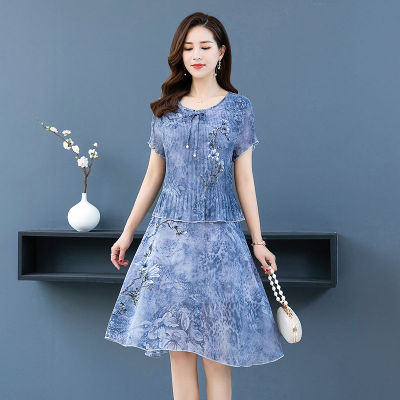 Женское шифоновое платье больших размеров, летнее винтажное платье трапециевидной формы длиной до колена с искусственным принтом из двух частей