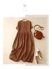 2025 Summer Literary Loose Cotton Linen Dress - Women's Solid Color, Round Neck, Short Sleeve, Mid-Length