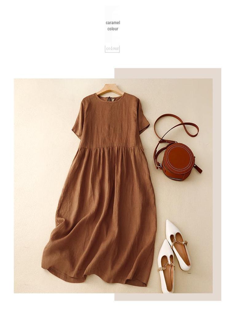 2025 Summer Literary Loose Cotton Linen Dress - Women's Solid Color, Round Neck, Short Sleeve, Mid-Length