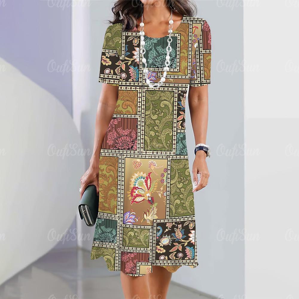 Summer Woman Clothing Short Sleeves Dresses Irregularly Printing Long Dress 3d Retro Women's Clothing Loose Round Neck Pullover