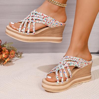 Мода Мода 2025 Шлепанцы женские с открытым носком Летние Новые Уличные С принтом Повседневные Большого размера Узкий ремешок Бестселлер Шлепанцы на платформе