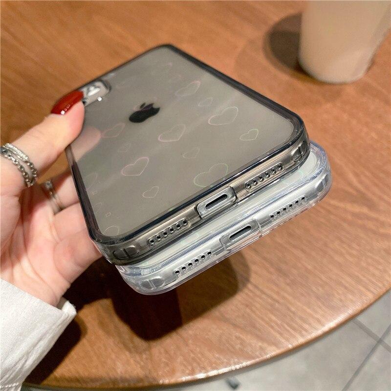 Fashion Gradient Laser Love Heart Leaf Pattern Case For iPhone 13 11 12 14 15 Pro Max X XS XR 7 8 Plus SE 2020 Clear Cover With Hearts