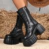 Fashion Chunky Heeled Platform Combat Boots for Women Gothic Punk Style Black Motorcycle Boots Woman Autumn Winter Mid Calf Botas Mujer