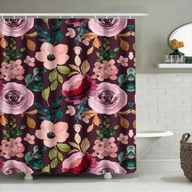 Акварельная Цветочная Шторка для Душа Водонепроницаемый Декор для Ванной Бургундский Розовый Зеленый Красный Красочные Цветочные Узоры Набор Включает 1 Панель