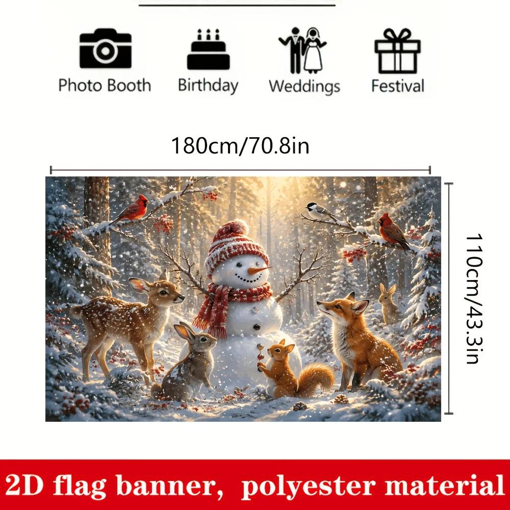 One 2D flag Christmas winter-themed banner background featuring snow-covered forest snowmen and various animalsZL