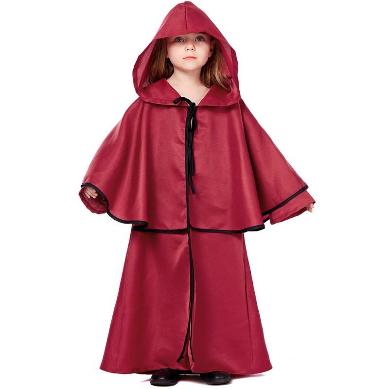 Medieval Style Hooded Cloak With Ruffled Trim Kids Halloween Costume Party Cosplay Outfit