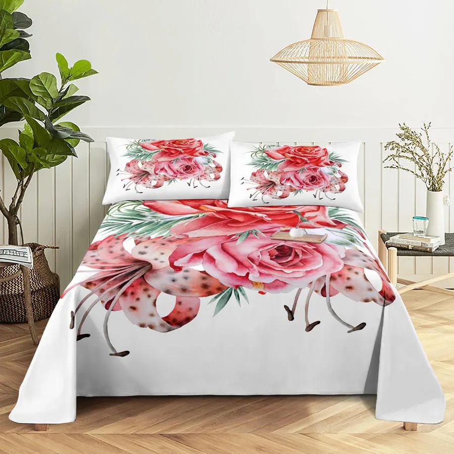 Pink Floral Bed Sheet Set Pillowcase Bedding Linens Cover Flower Queen King Twin Full Size for Single Double Bed Soft Thin