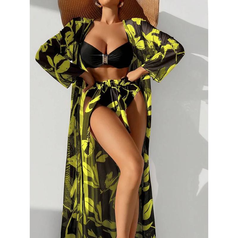 Бикини пуш-ап с принтом растений и кимоно, прикрытый купальник, женский купальник с длинным рукавом, комплект бикини из трех предметов, купальный костюм