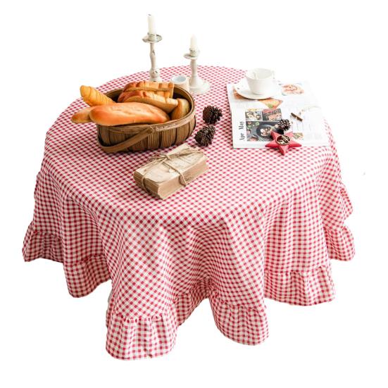 Tablecloth Farmhouse Style Plaid Pattern Ruffled Edge Tablecloth Round Shape Soft Cotton Linen Fabric Cloth Table Cover