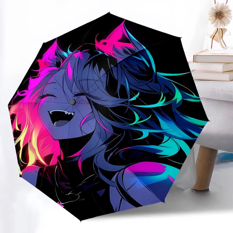 1pc Neon Wolf Vibrant Ears Automatic Open/Close Umbrella 8-Rib Strong Frame, Portable Travel Umbrella for Women & Men, 062