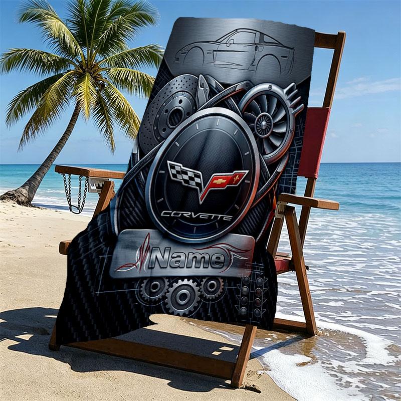 Custom Name Personalized Corvette Print Beach Towel, for Trip Camping Beach Party Home Decor, Birthday Gift for Family & Friends