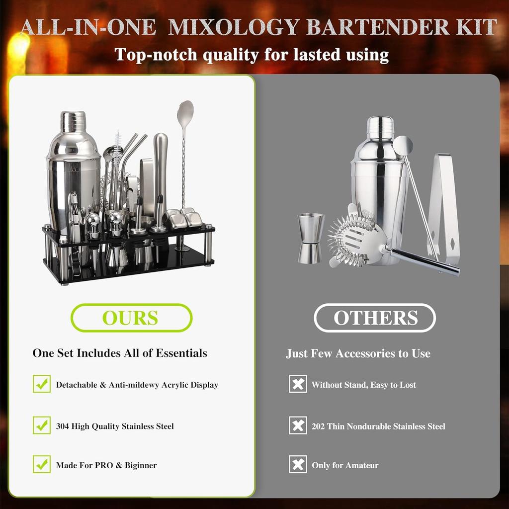 Shaker Set 23-Piece Mixology Bartender Kit, 25oz Stainless Steel Leak-Proof Sturdy Cocktail Shaker Set