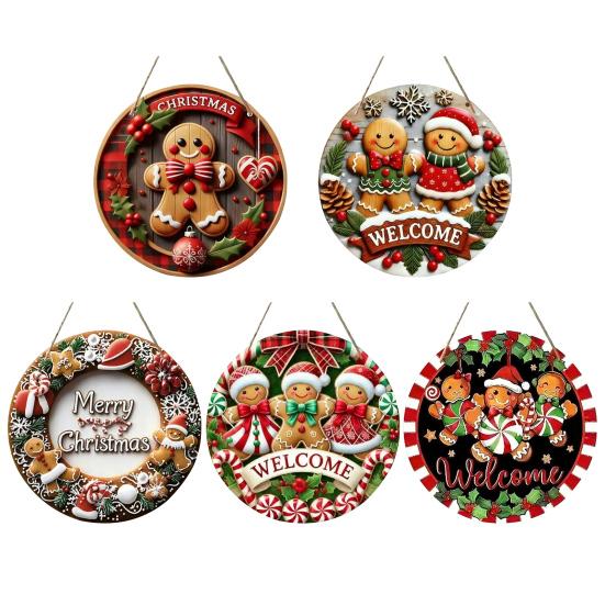2D Merry Christmas Wooden Sign Red Black Plaid Gingerbread Man Wall Hanging Decor Front Door Porch Home Holiday Decorations