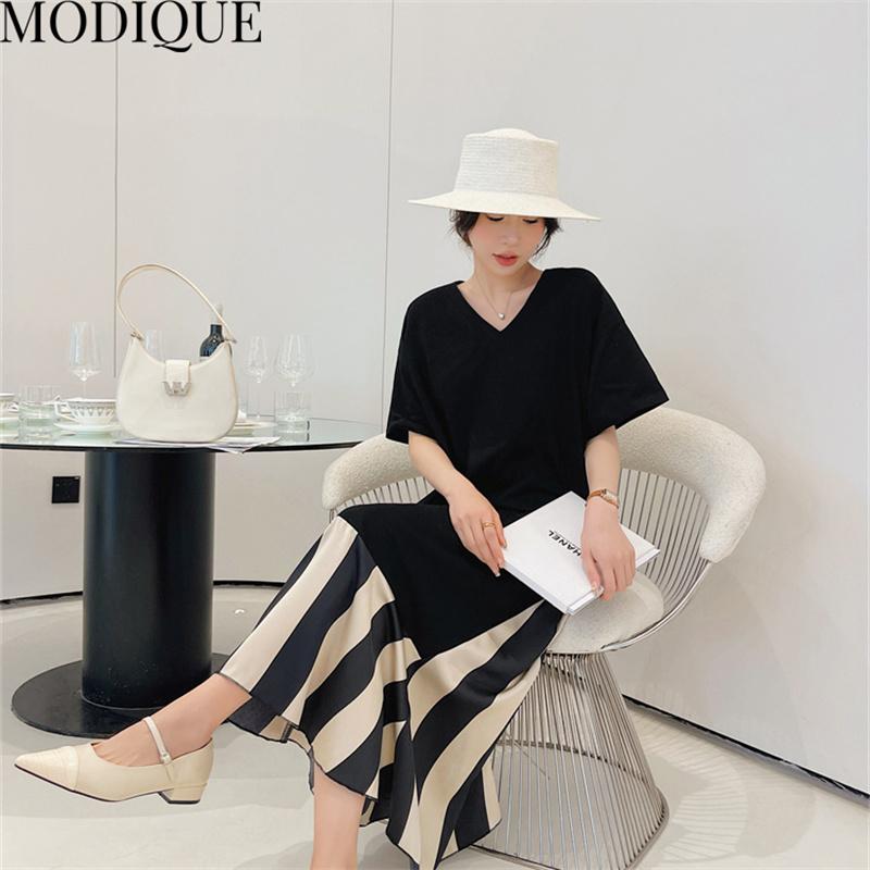 MODIQUE Summer Plus Size New Women Loose Patchwork A-Line Stripe Mock Two-Piece Long Dresses Elegant Lady Casual Cotton V-Neck Short Sleeve Skirt