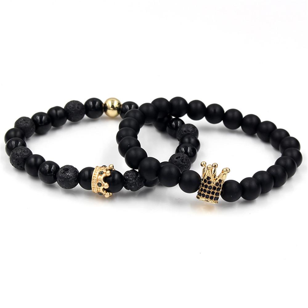 Couple jewelry black frosted stone black diamond volcanic stone mixed wear diamond crown bracelet bracelet set