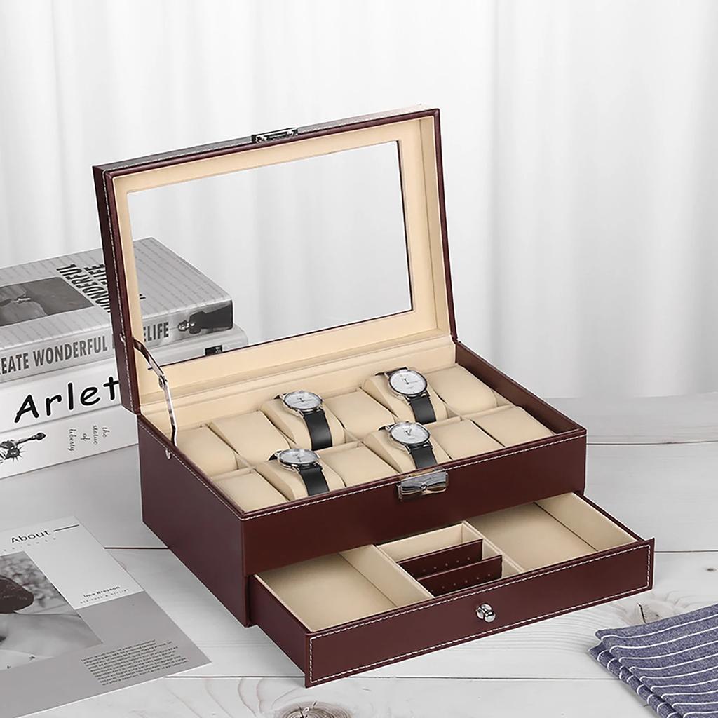 12-слотовые запирающиеся коробки для хранения часов из искусственной кожи, мужские и женские ювелирные изделия, ящик для показа, двухъярусный органайзер, витрина для часов