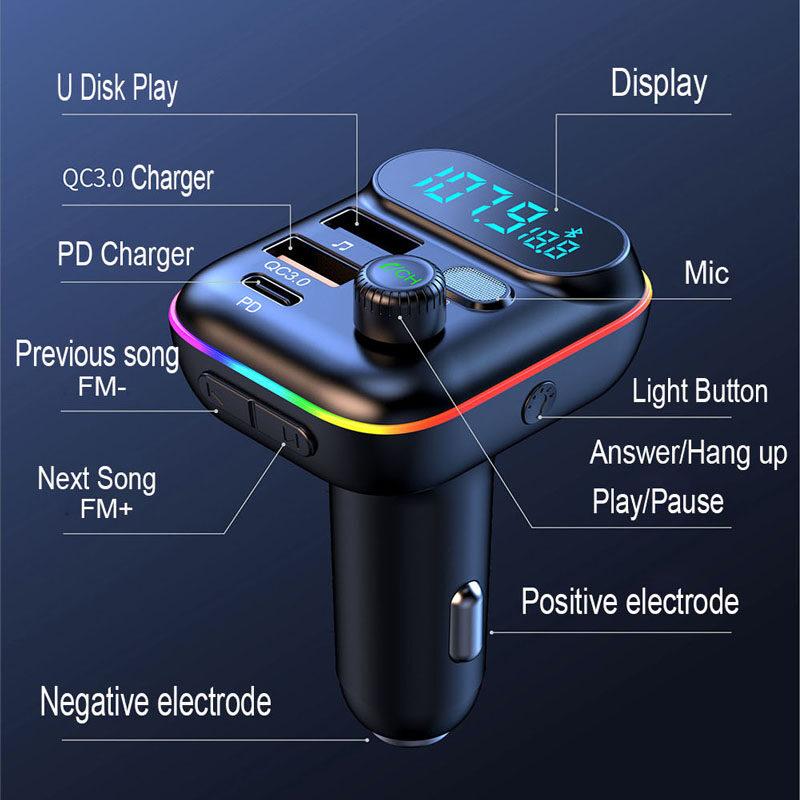 C29 Автомобильный FM-передатчик Bluetooth 5,0 MP3-плеер DC12V/24V Вход Dual USB 3.1A + PD 3.1A Быстрая зарядка Автомобильное зарядное устройство