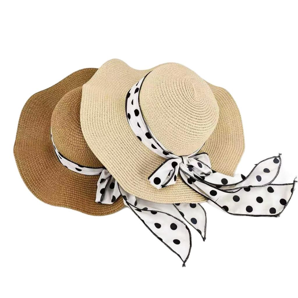Bow streamer bucket hat female straw hat versatile eaves summer outing versatile sun protection sun hat wavy edge