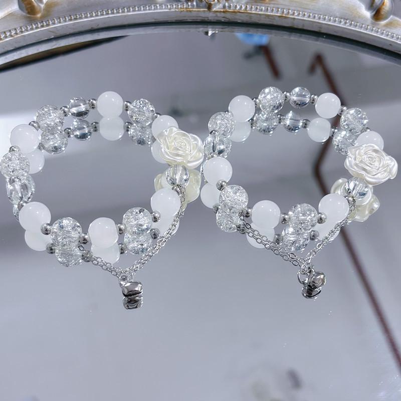 Chic Women's Bell Pendant Bracelet with Crystal Beaded White Flower Design for Outings