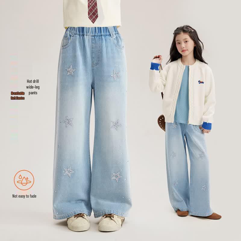 Girls' Star Rhinestone Wide-Leg Soft Denim Pants
