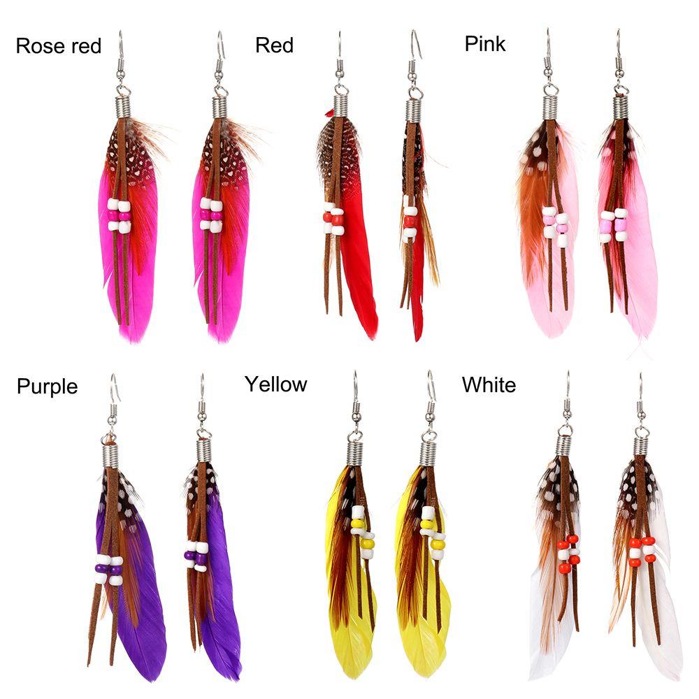1Pair Vintage Ethnic Rainbow Beads Feather Dangle Drop Earrings For Women Female Boho Ear Jewelry Accessories
