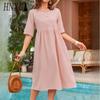 Women's Fashion Summer Spring Solid Color Print O-Neck High Waist Casual Dresses