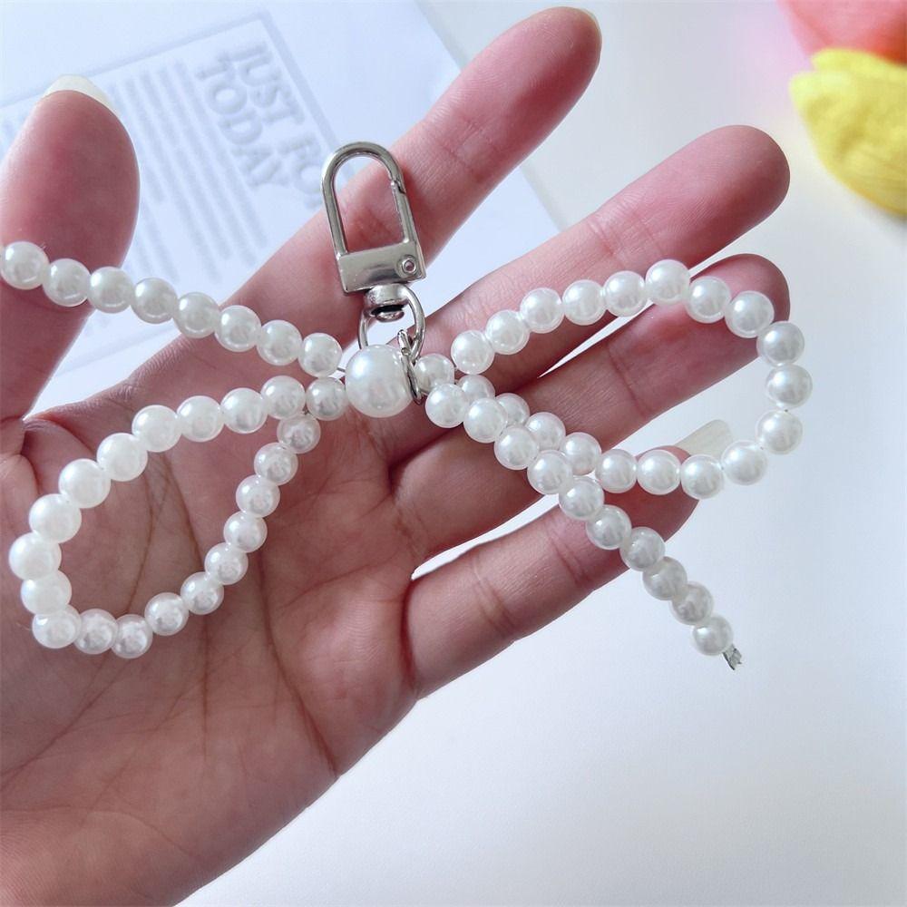 3D Pearl Bow Pendant Hanging Ornament Cellphone Lanyard Keyring Pearl Bowknot Keychain Women Girls