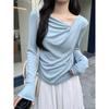 Boat Neck Off Shoulder Long Sleeve Knit Top Women Autumn Winter Draped Collar Diagonal Shoulder Ruffle Tight Fit Layer Shirt