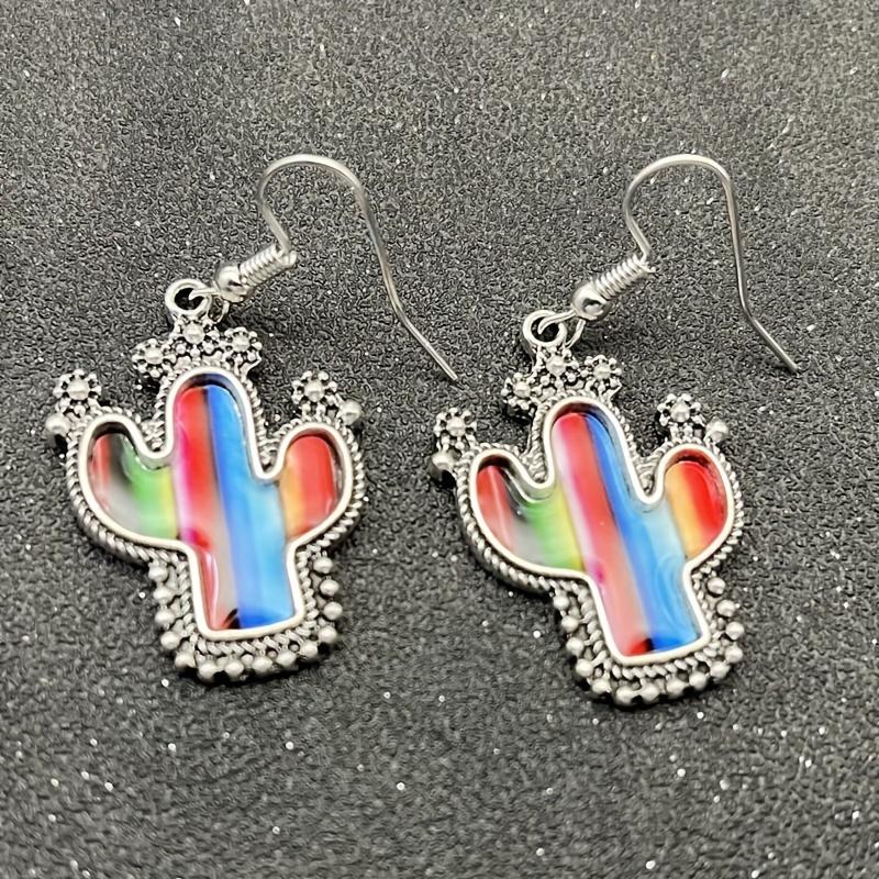 Красочный дизайн кактуса, висячие серьги в стиле ретро, ​​западный стиль, ювелирные изделия из сплава с серебряным покрытием, модный подарок для женщин и девочек