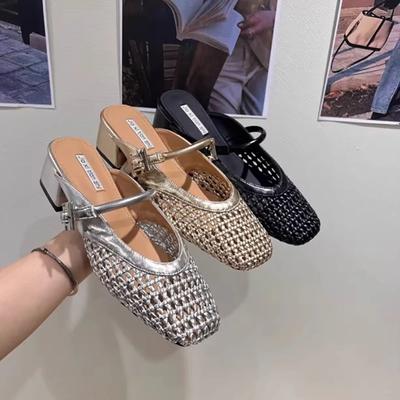 Летние шлепанцы-мюли в ретро-стиле с открытым носком, элегантные женские уличные туфли на толстом каблуке для платья