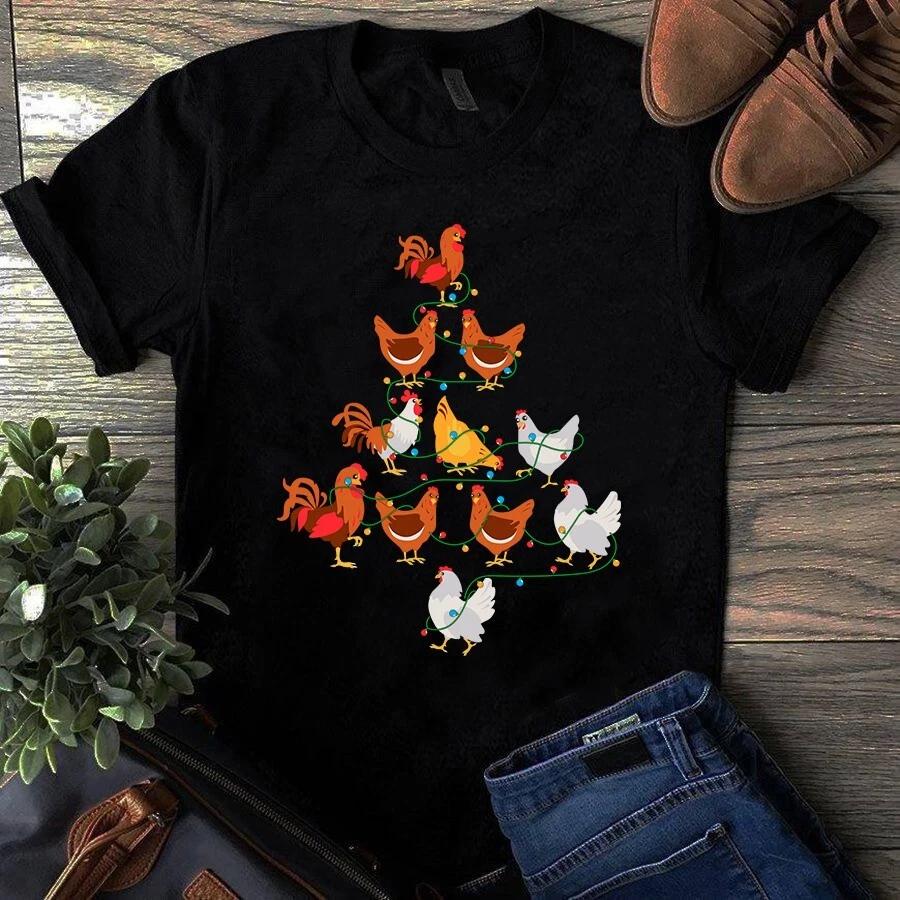 Men's and Women's T-shirts Funny Chickens Christmas Tree Light Xmas Gift